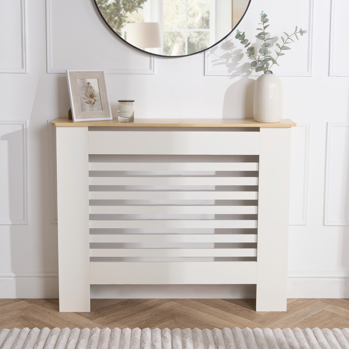 OHS Medium Wooden Radiator Cover with Oak Look Top – Cream