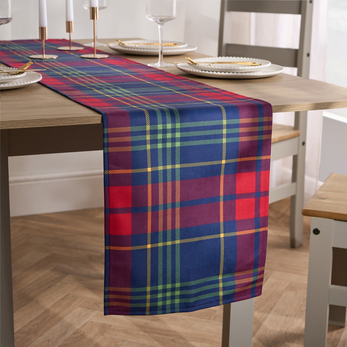 OHS Oxford Check Matte Velvet Table Runner – Navy/Red