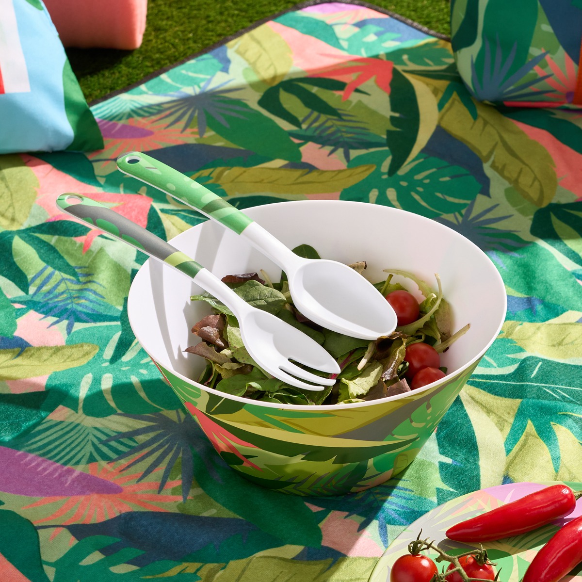 OHS Palm Print Picnic Salad Bowl & Utensil Set – Green