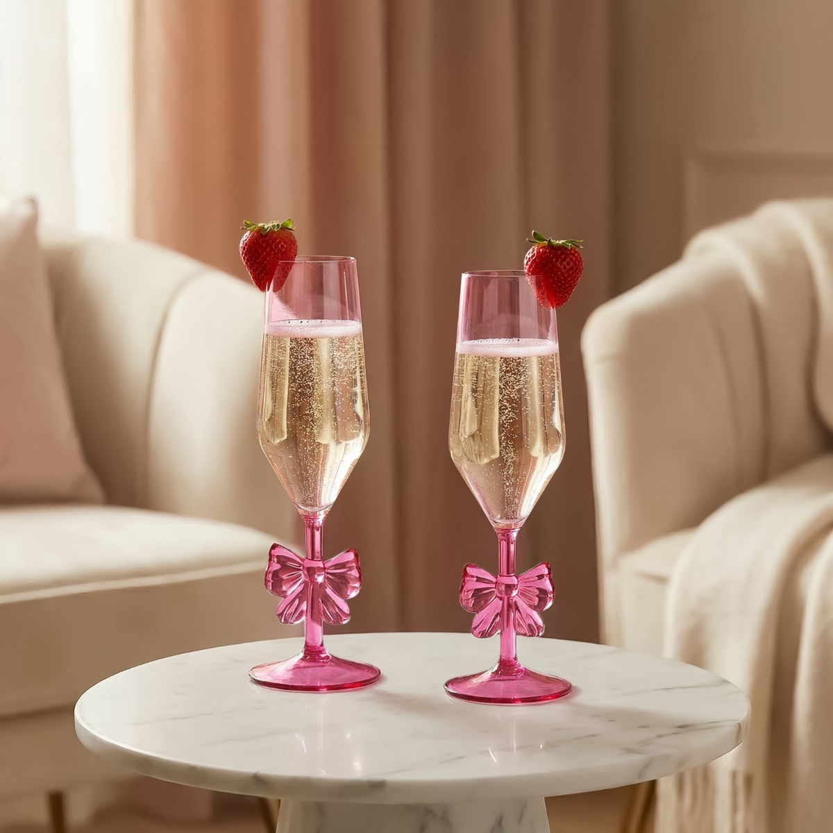 Ohs Plastic Bow Flute Glasses, Pink - 2 Pack