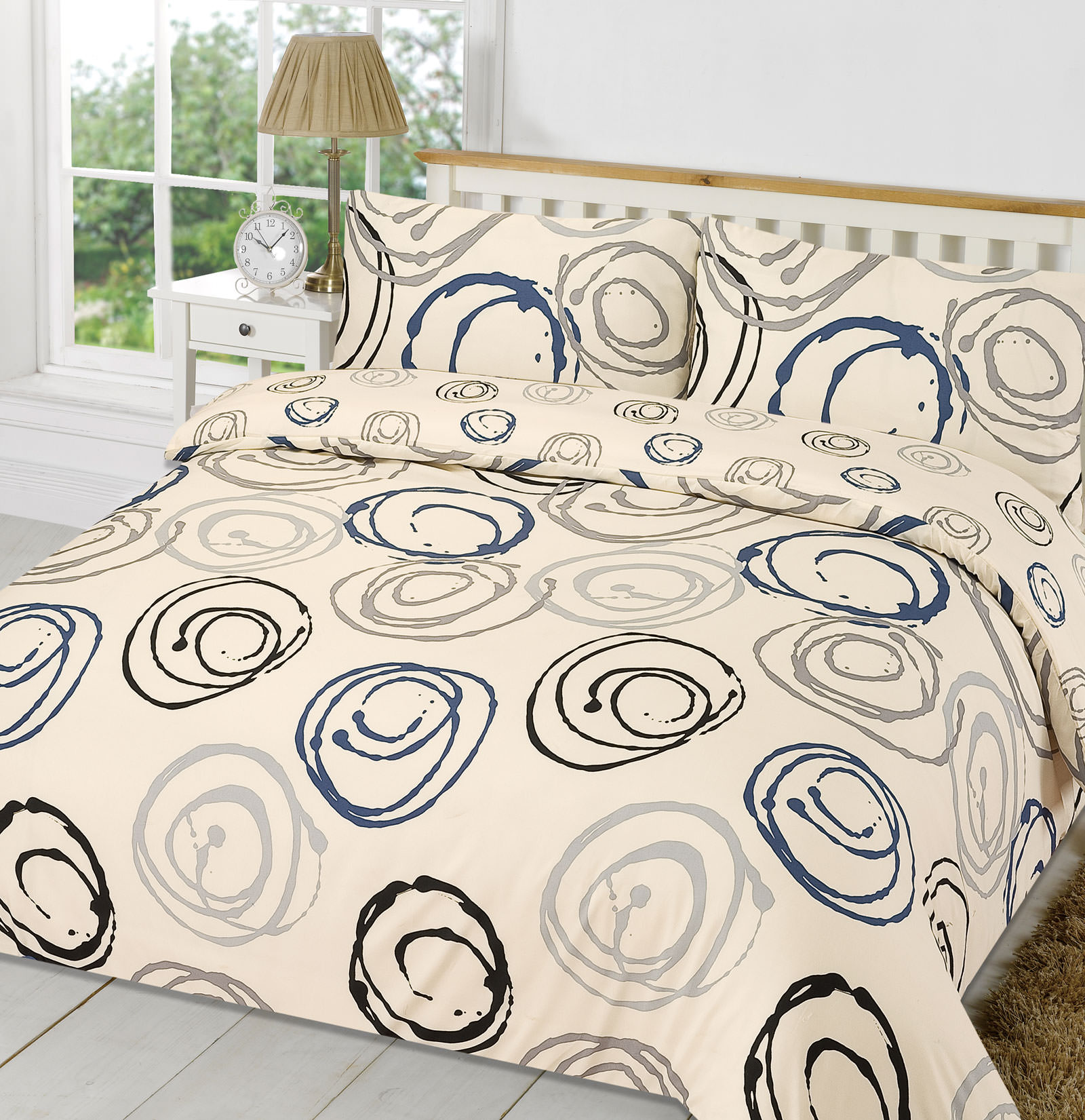 Duvet Cover with Pillowcase Bedding Set Lohan Circles Cream Blue – Super King