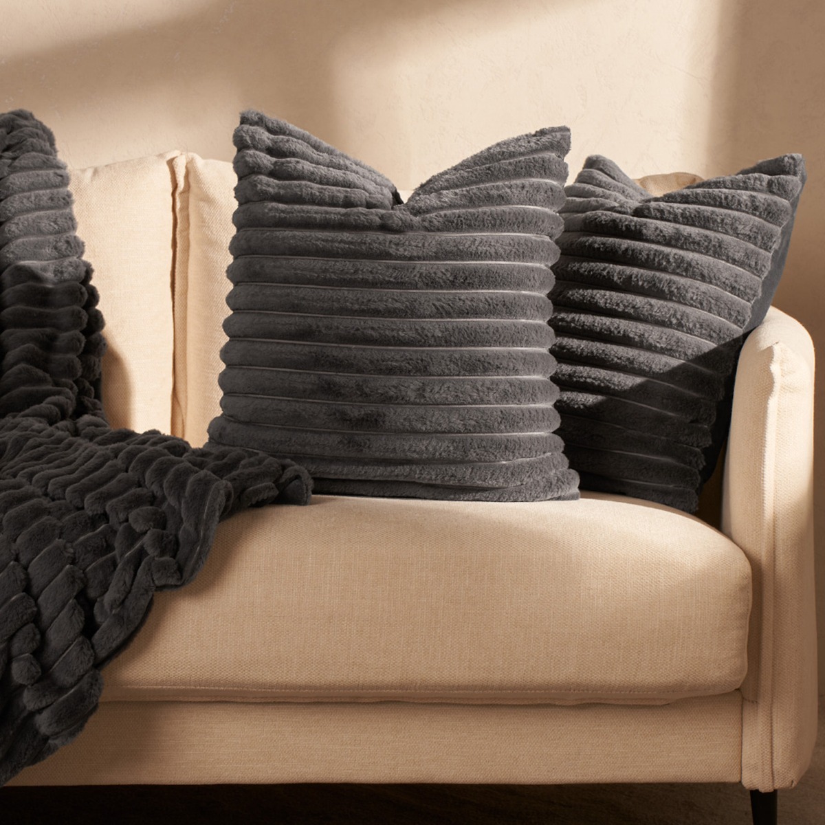 OHS 2 Pack Faux Fur Thick Ribbed Cushion Covers – Charcoal