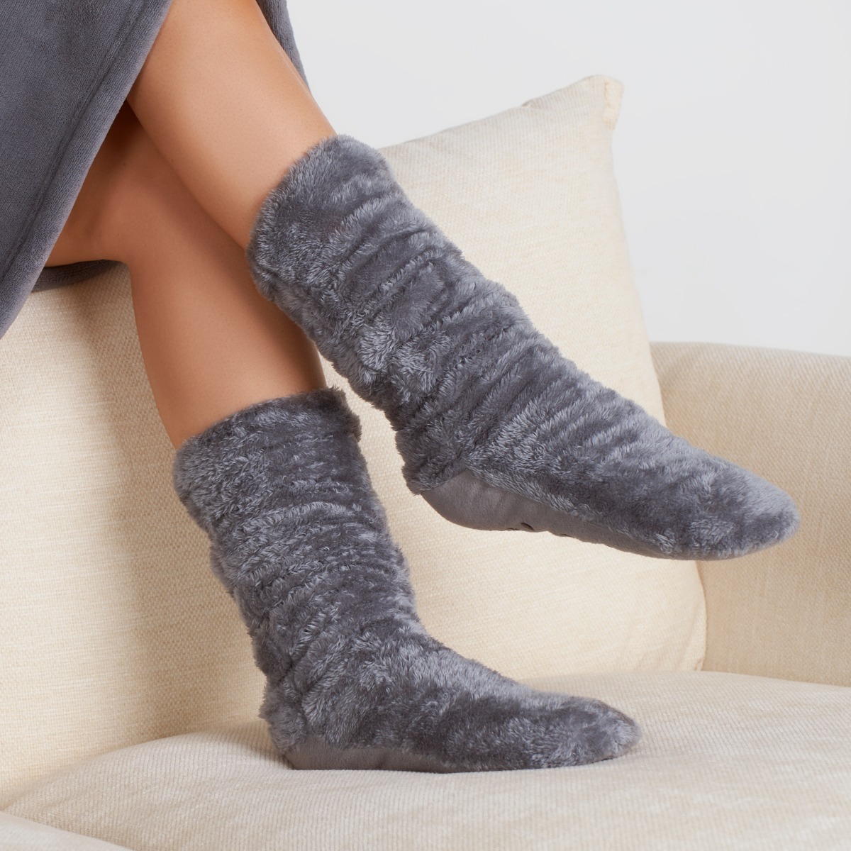 Ohs Teddy Sherpa Reverse Slipper Socks - Charcoal