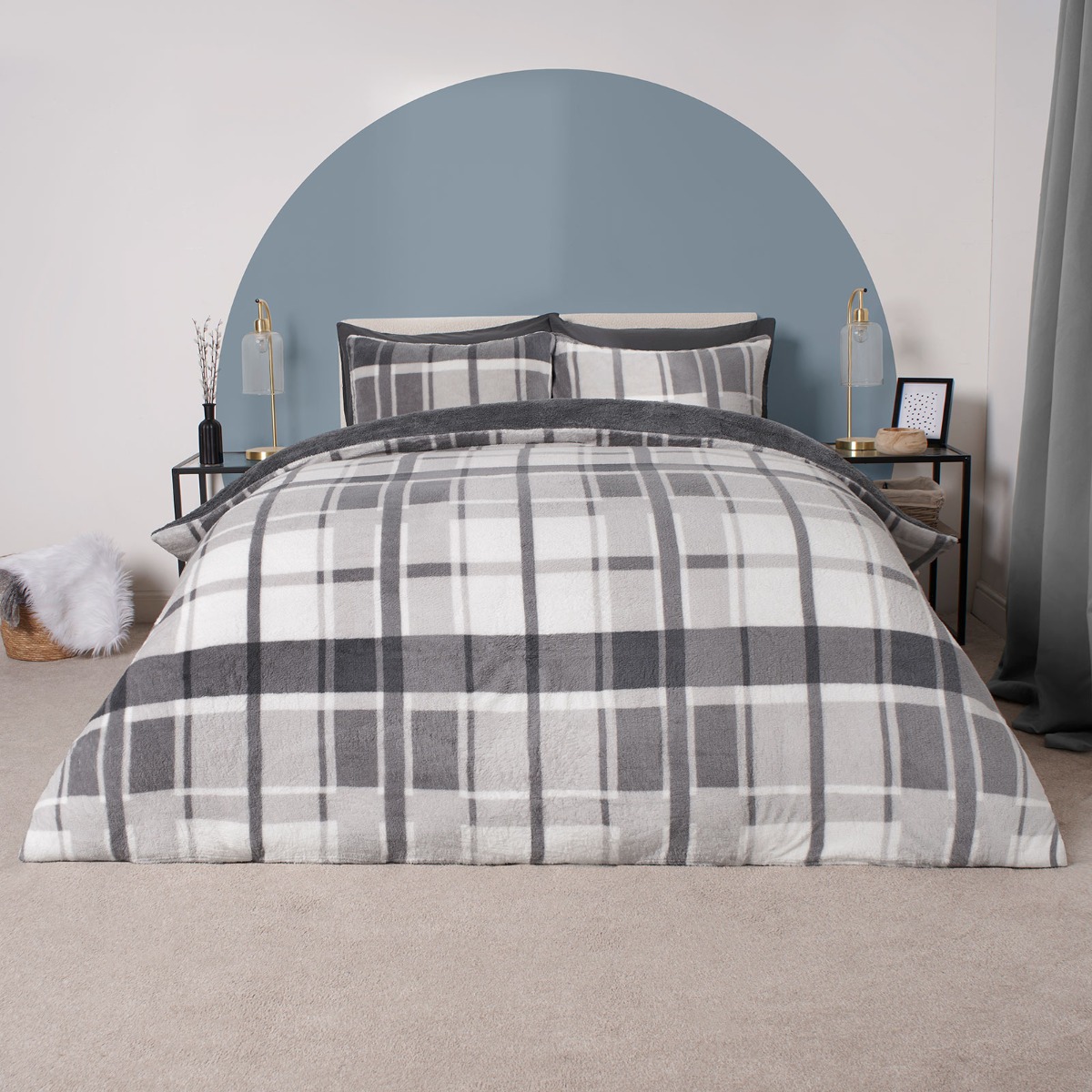 OHS Check Teddy Duvet Set, Charcoal – Single
