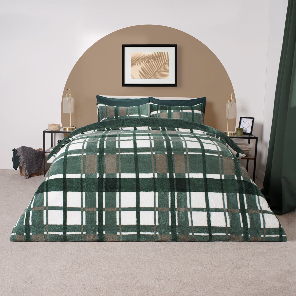 OHS Check Teddy Duvet Set, Forest Green – King