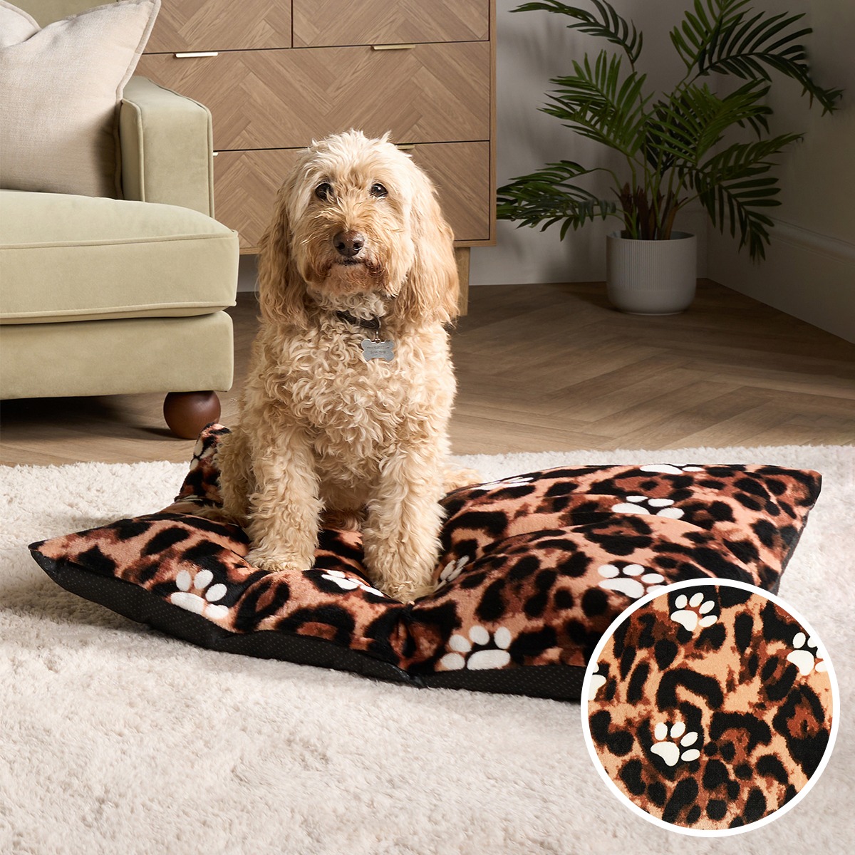 OHS Leopard Paw Print Pet Bed – Natural