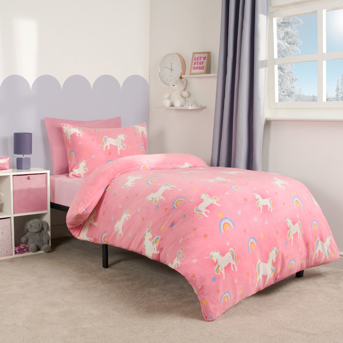 Ohs Unicorn Print Fleece Duvet Set, Pink - Single