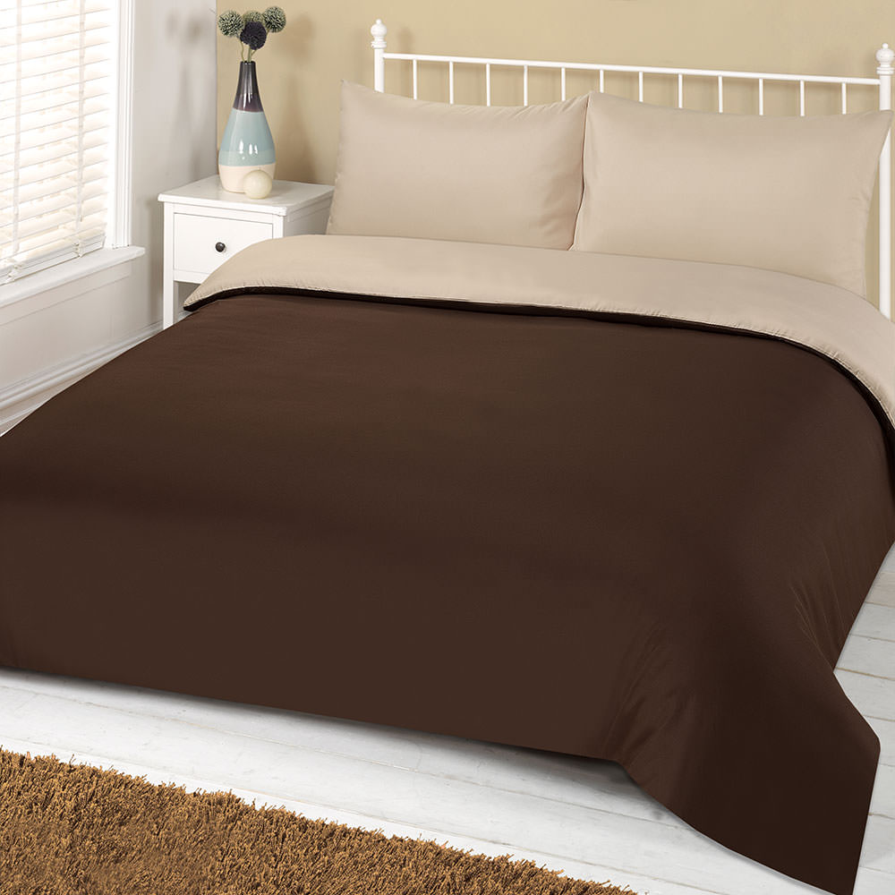 OHS Plain Duvet Double Cover with Pillowcases- Choc/Cream