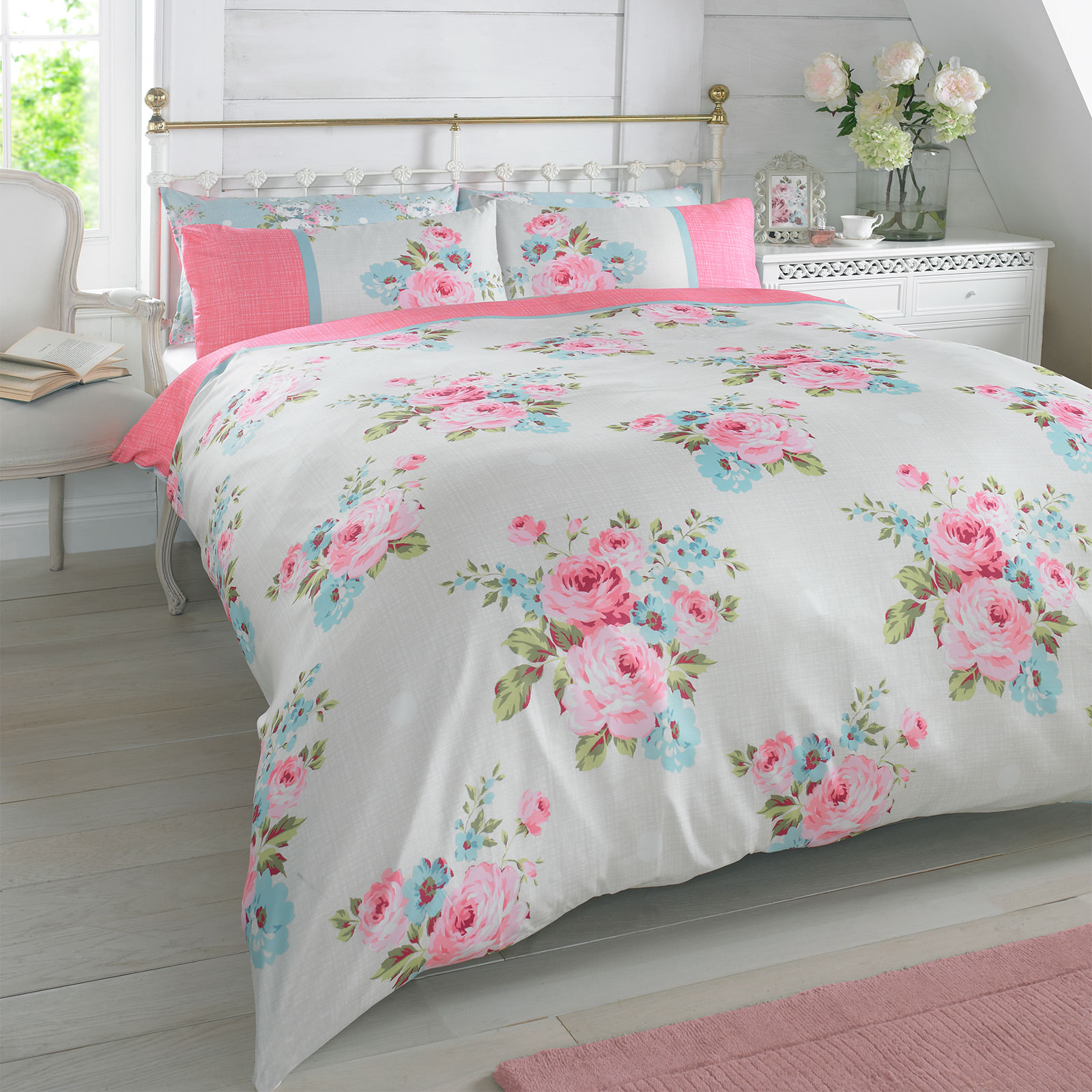 Duvet Cover with Pillowcase Bedding Set Floral Rosie Pink Blue Green – Double