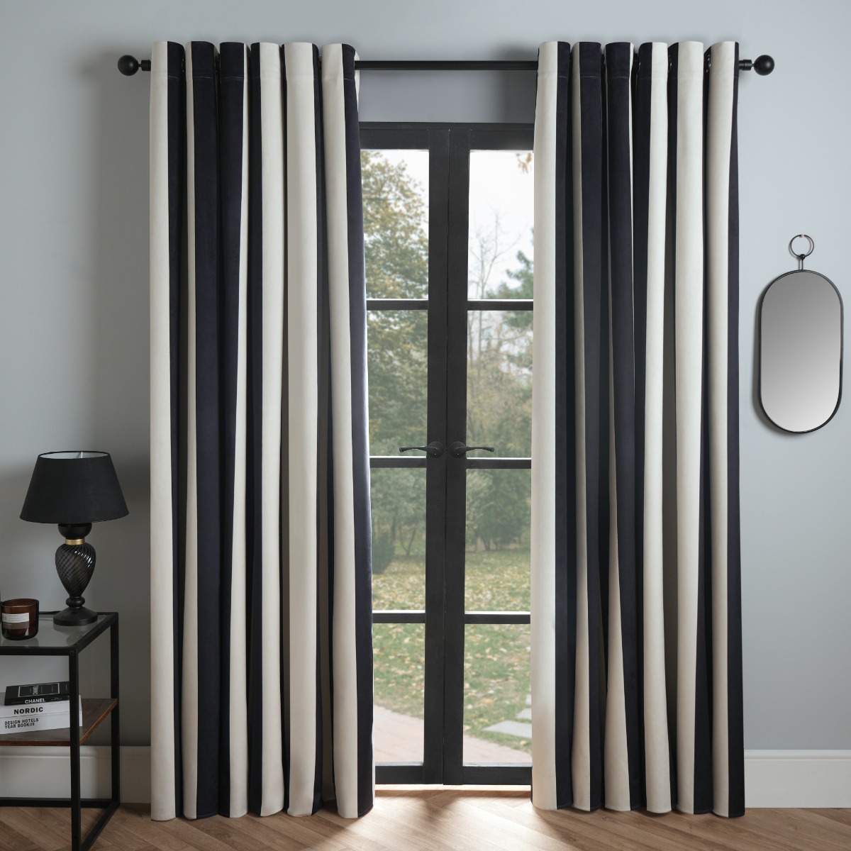 OHS Stripe Print Eyelet Velvet Blackout Curtains