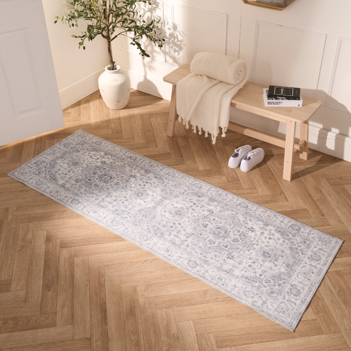 OHS Washable Vintage Printed Runner – Grey