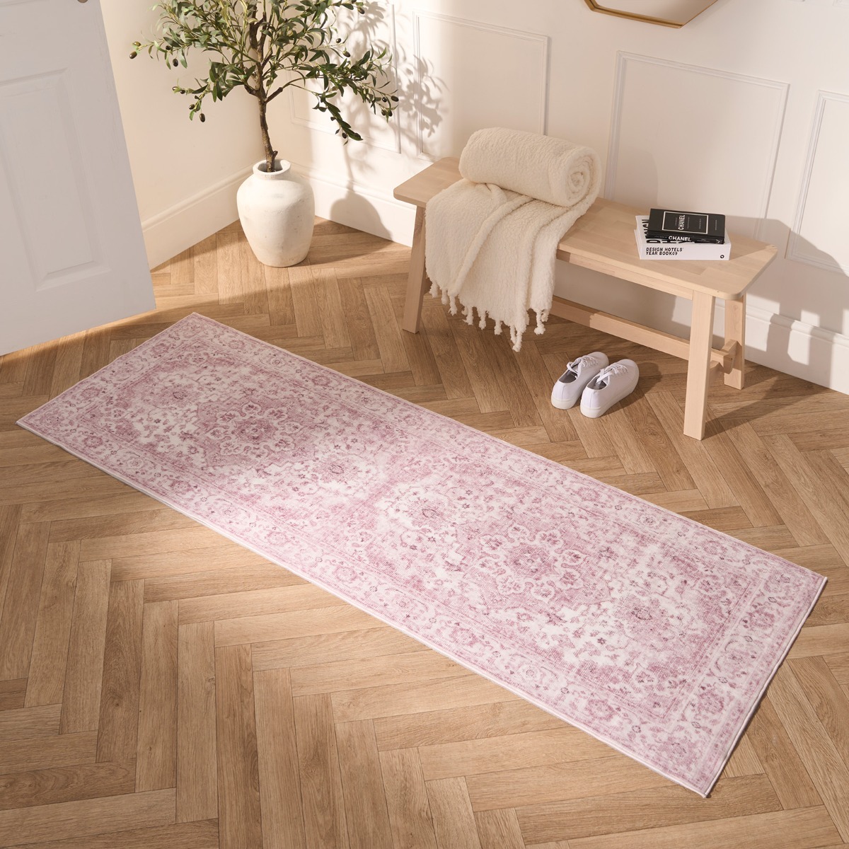 OHS Washable Vintage Printed Runner – Blush