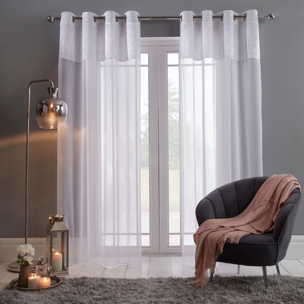 OHS Crushed Velvet Voile Curtains, White – 55 x 87″”