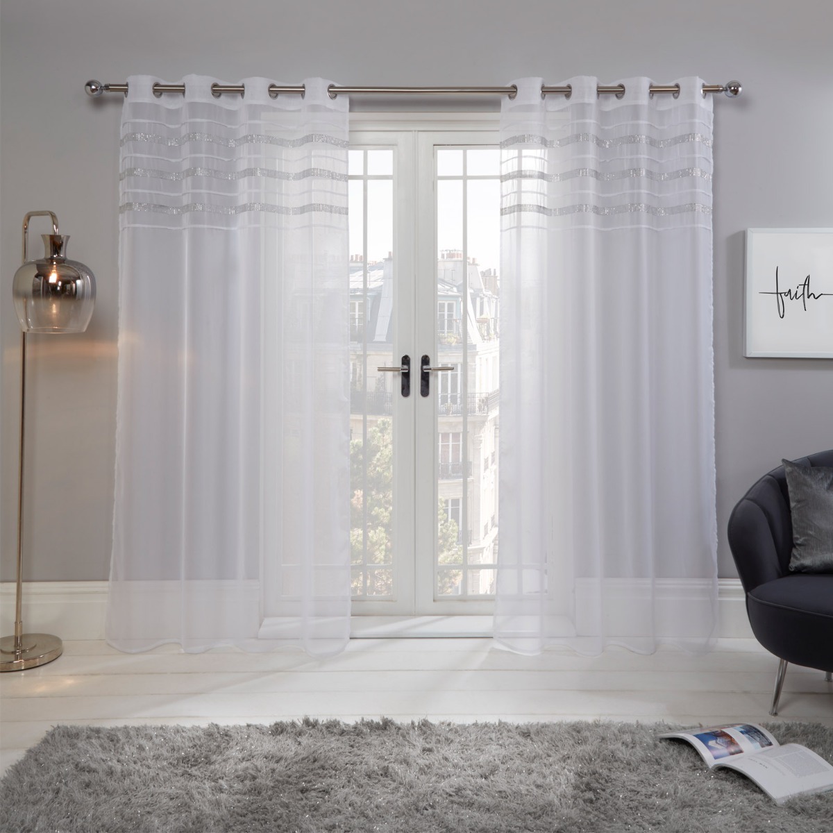 OHS Latina Diamante Voile Net Eyelet Curtains, White – 55 x 87″”