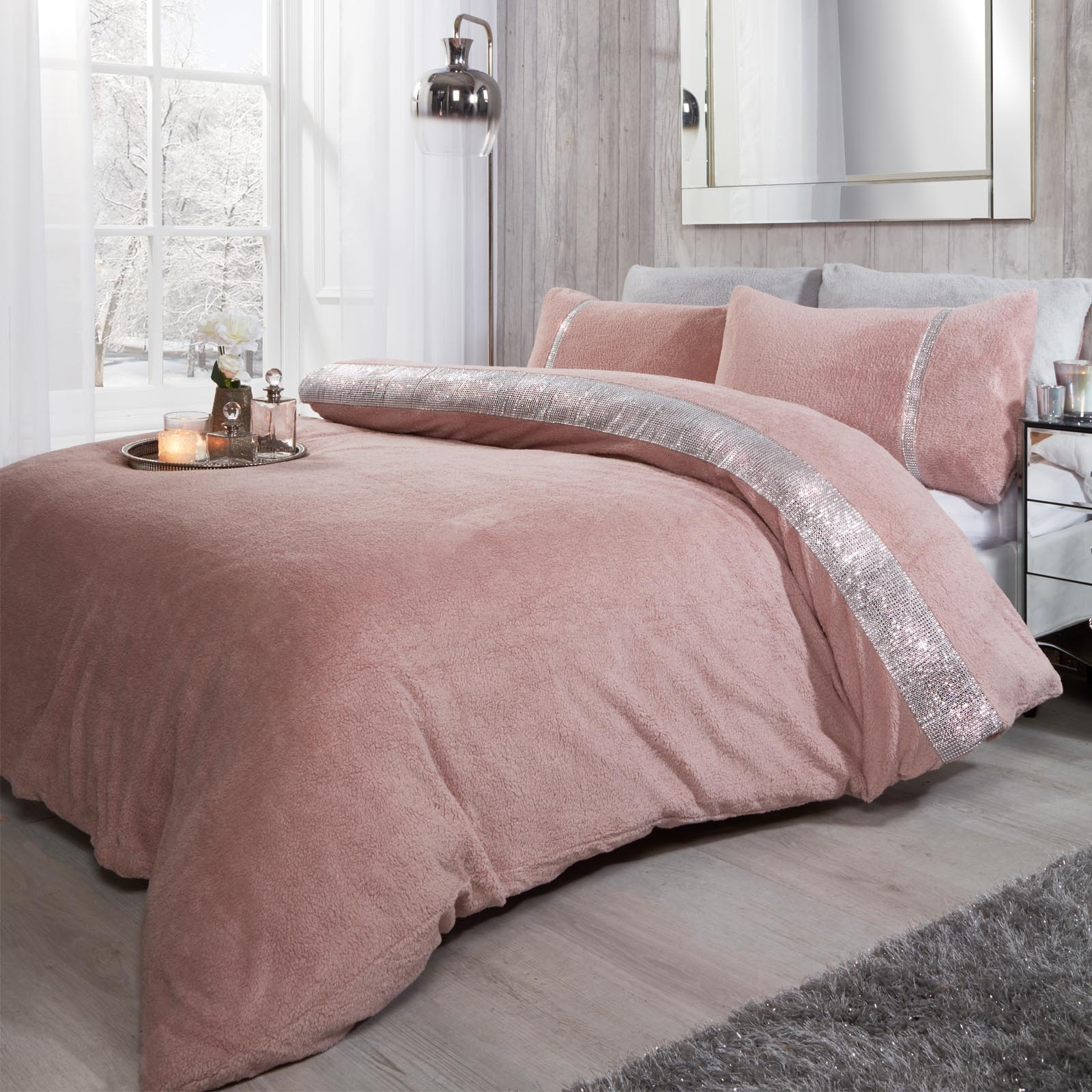 OHS Teddy Diamante Duvet Cover Set, Blush Pink – Super King