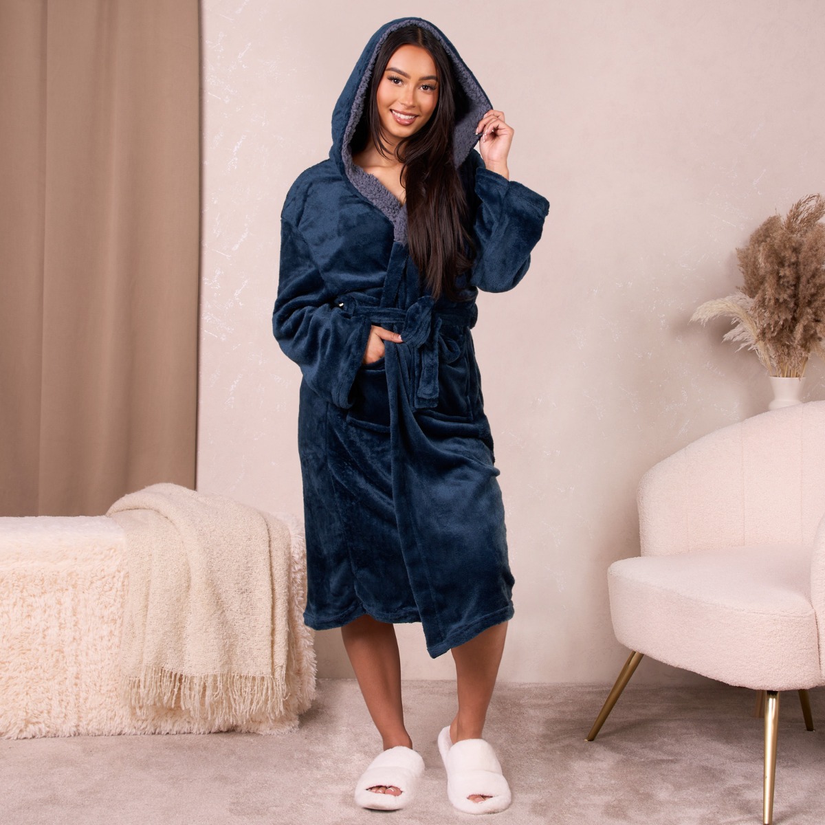 Ohs Hooded Sherpa Fleece Dressing Gown - Navy