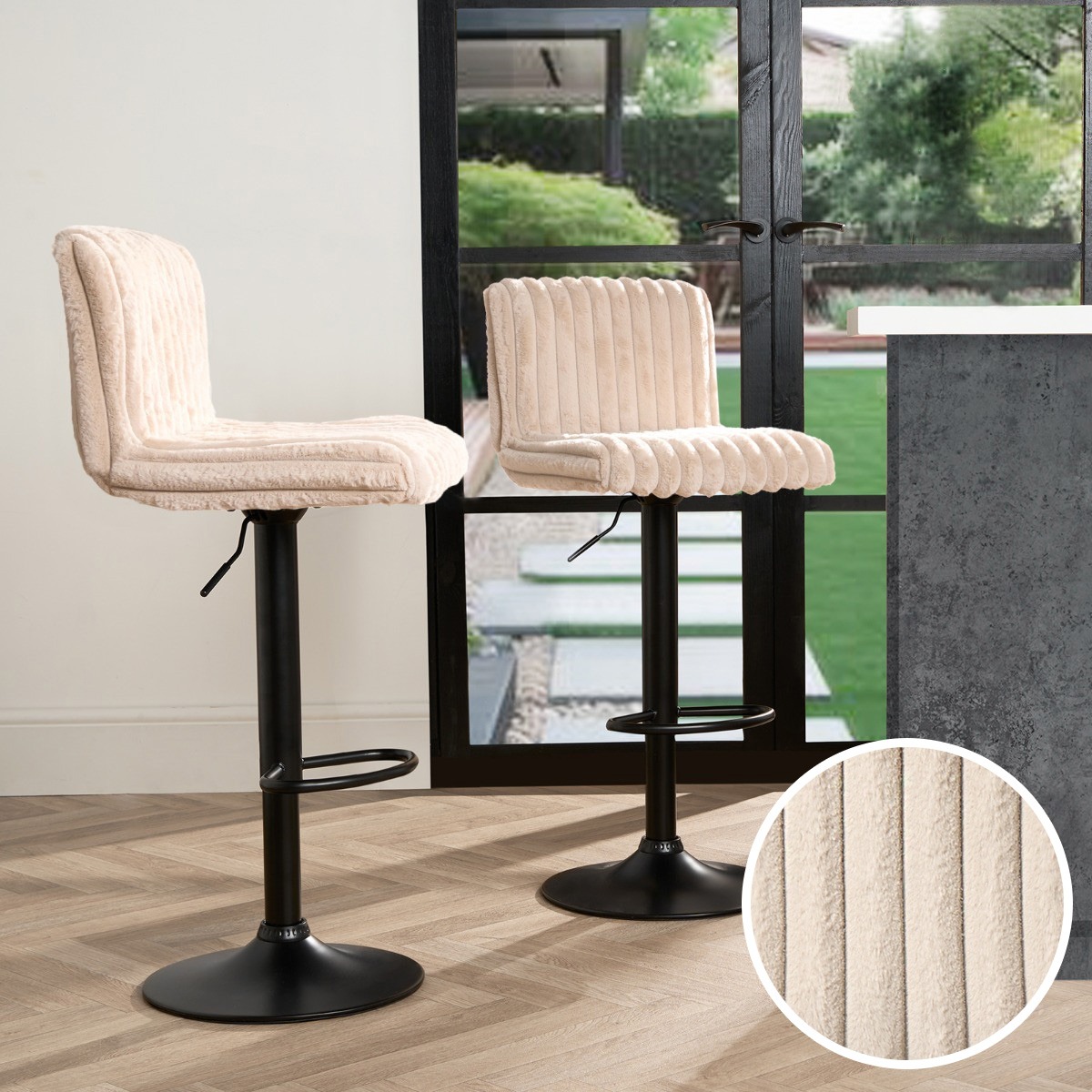 OHS Set of 2 Adjustable Faux Fur Ribbed Bar Stools – Beige