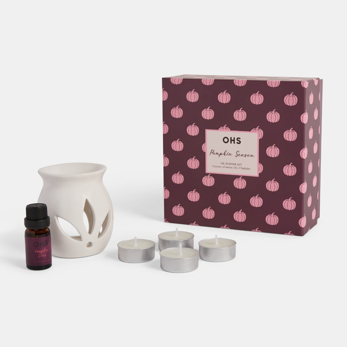 OHS Ceramic Oil Burner , 10ml Oil & 4 Tealights Set, Pumpkin Print - Burgundy