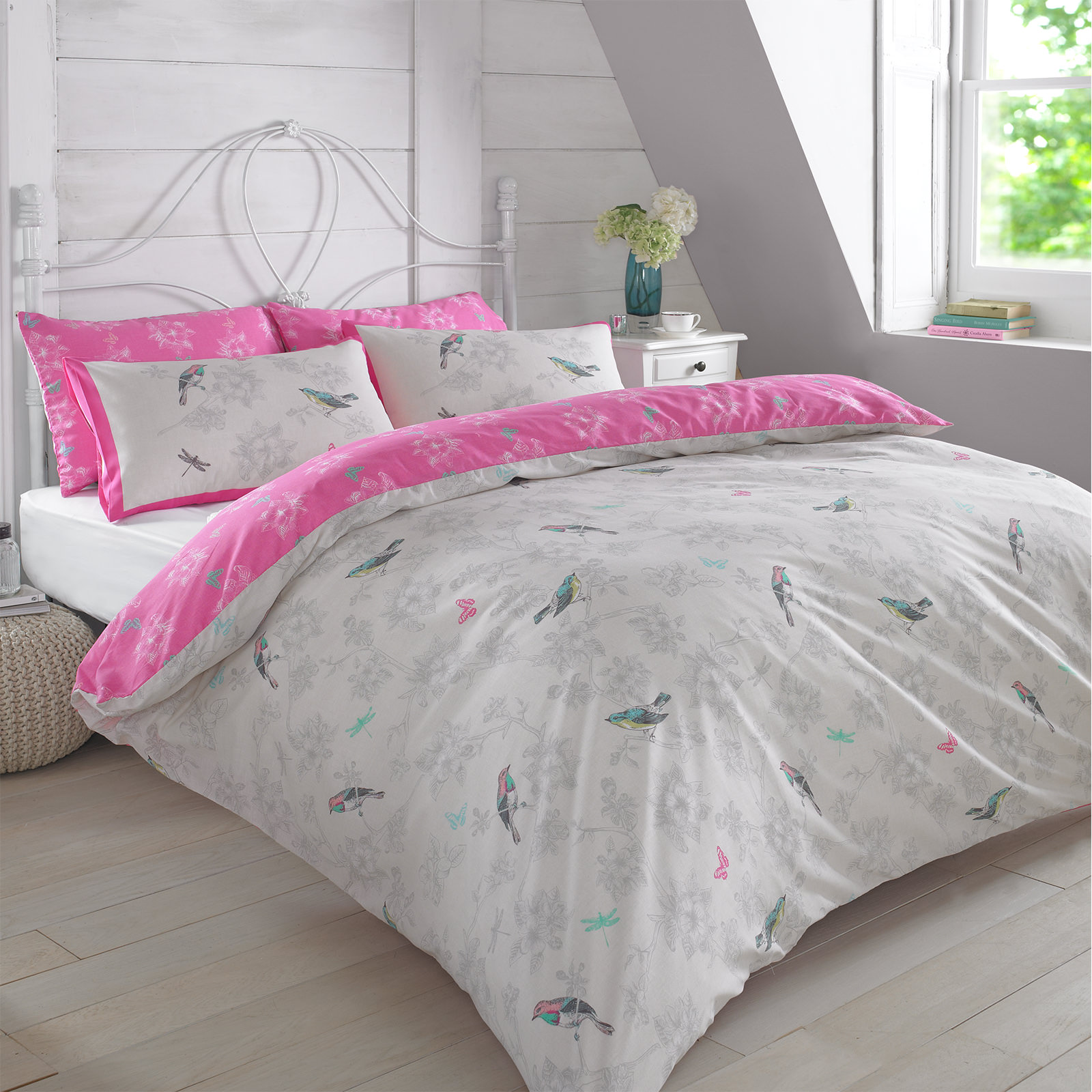 Vintage Birds Duvet Cover Super King Set – Pink White