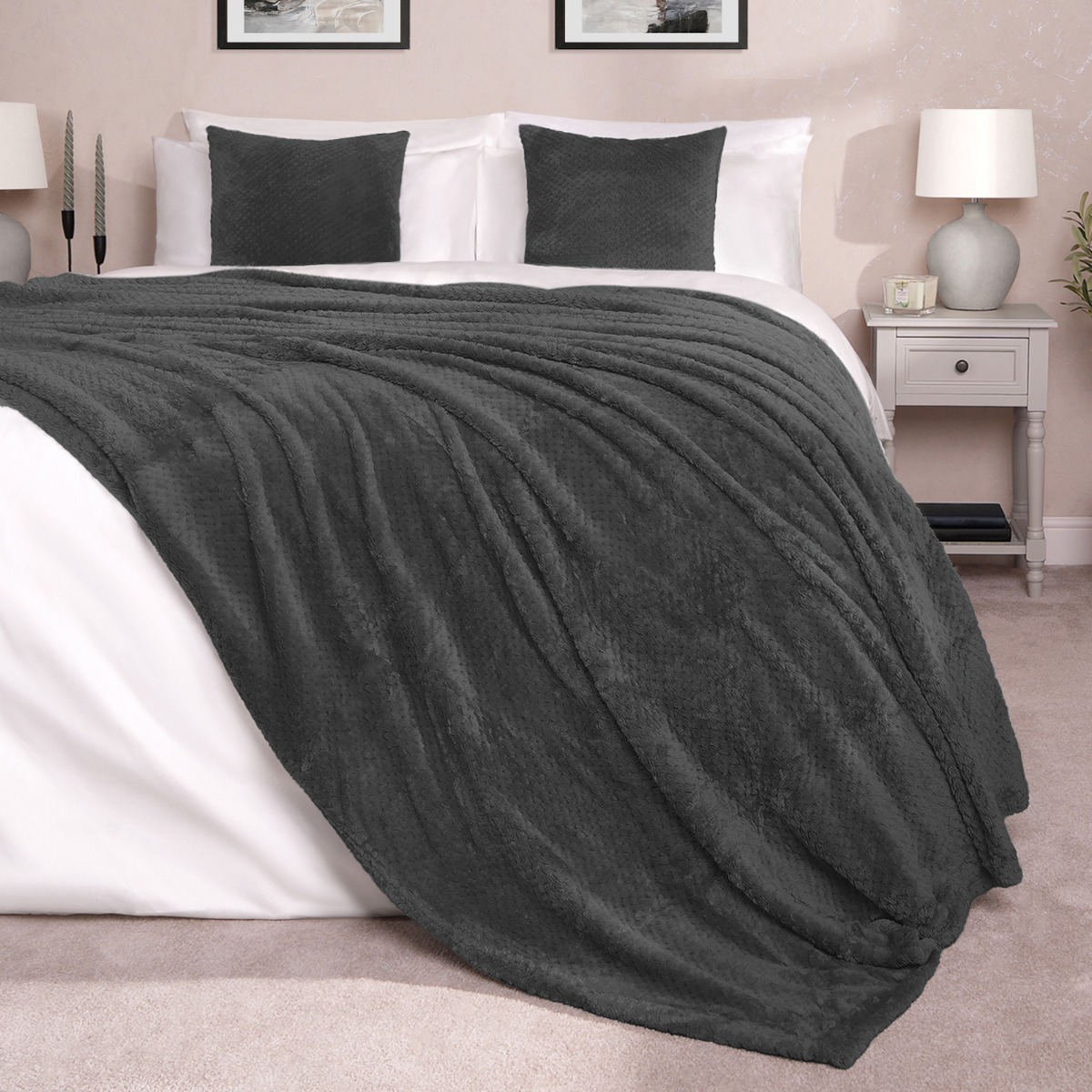 Luxury Waffle Mink Warm Throw Over Sofa Bed Soft Blanket 150 X 200cm Charcoal