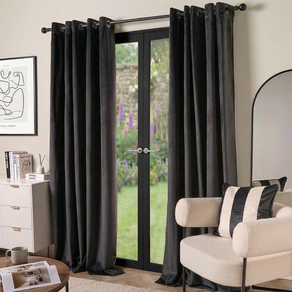 OHS Thermal Matte Velvet 2 Pair Ready Made Eyelet Curtains in Black | Size: 168 cm width x 229 cm drop
