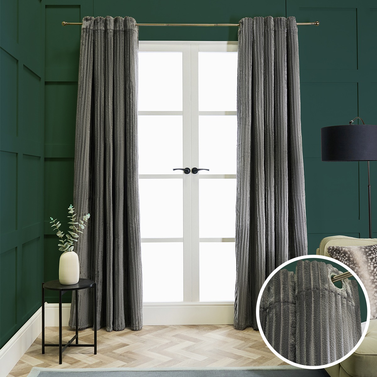 OHS Ribbed Fleece Thermal Curtains, Grey – 90 x 90in