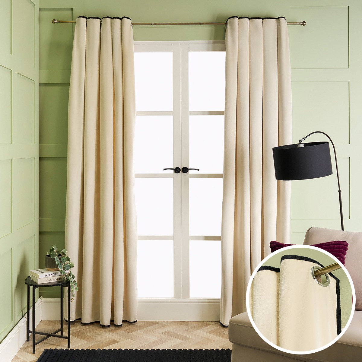 OHS Piped Edge Velvet Eyelet Curtains, Cream – 66 x 72in