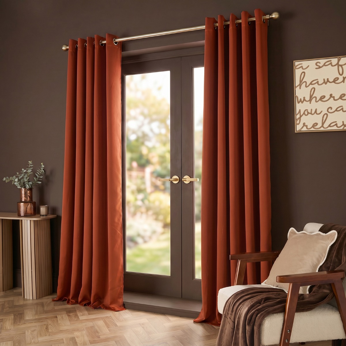OHS Pair of Thermal Ready Made Eyelet Blackout Curtains in Burnt Orange | Size: 117 cm width x 137 cm drop