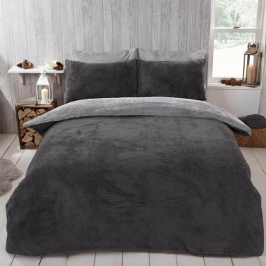OHS Teddy Fleece Reversible Duvet Cover Set - Charcoal/Grey