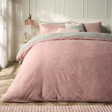 OHS Teddy Fleece Reversible Duvet Cover Set - Blush Pink/Grey