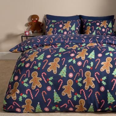 OHS Gingerbread Man Candy Cane Reversible Duvet Set - Navy