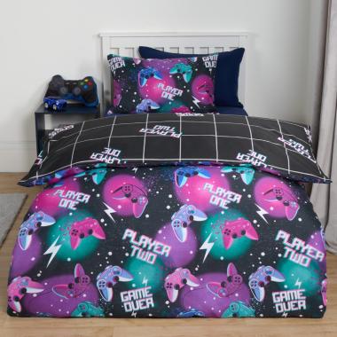 OHS Neon Gaming Check Reversible Duvet Cover Set - Black