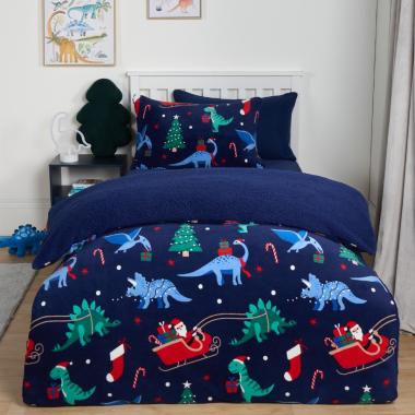 OHS Christmas Dino Fleece Duvet Set, Navy - Single