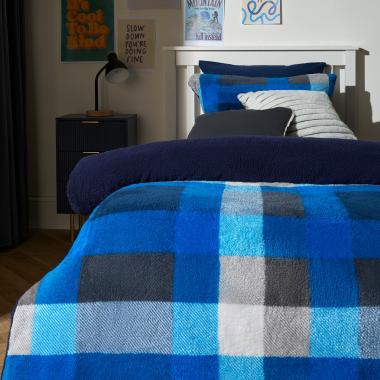 OHS Patchwork Check Teddy Duvet Cover Set - Navy/Grey