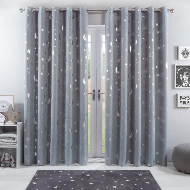 OHS Star Galaxy Kids Eyelet Blackout Curtains - Silver Grey