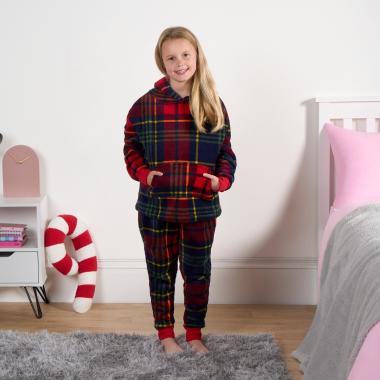 OHS Kids Oxford Check Fleece Hoodie Pyjama Set - Navy/Red