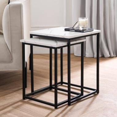 OHS Manhattan Marble Effect Nest of 2 Square Tables - Black/White