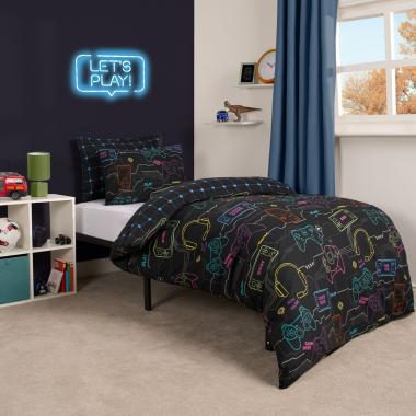 OHS Gaming Print Reversible Duvet Set - Black