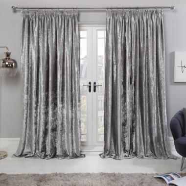 OHS Crushed Velvet Pencil Pleat Curtains - Silver