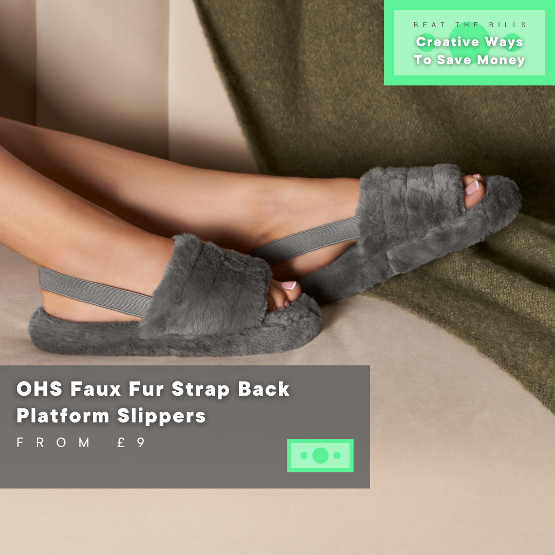 OHS Faux Fur Strap Back Platform Slippers