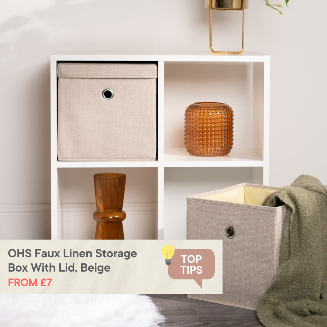 OHS Faux Linen Storage Box With Lid, Beige