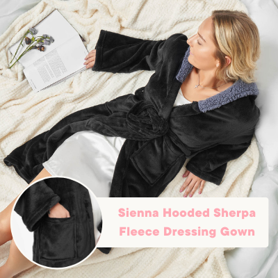 Sienna Hooded Sherpa Fleece Dressing Gown in Black