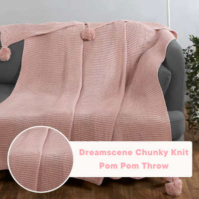 Dreamscene Chunky Knit Pom Pom Throw in Blush Pink