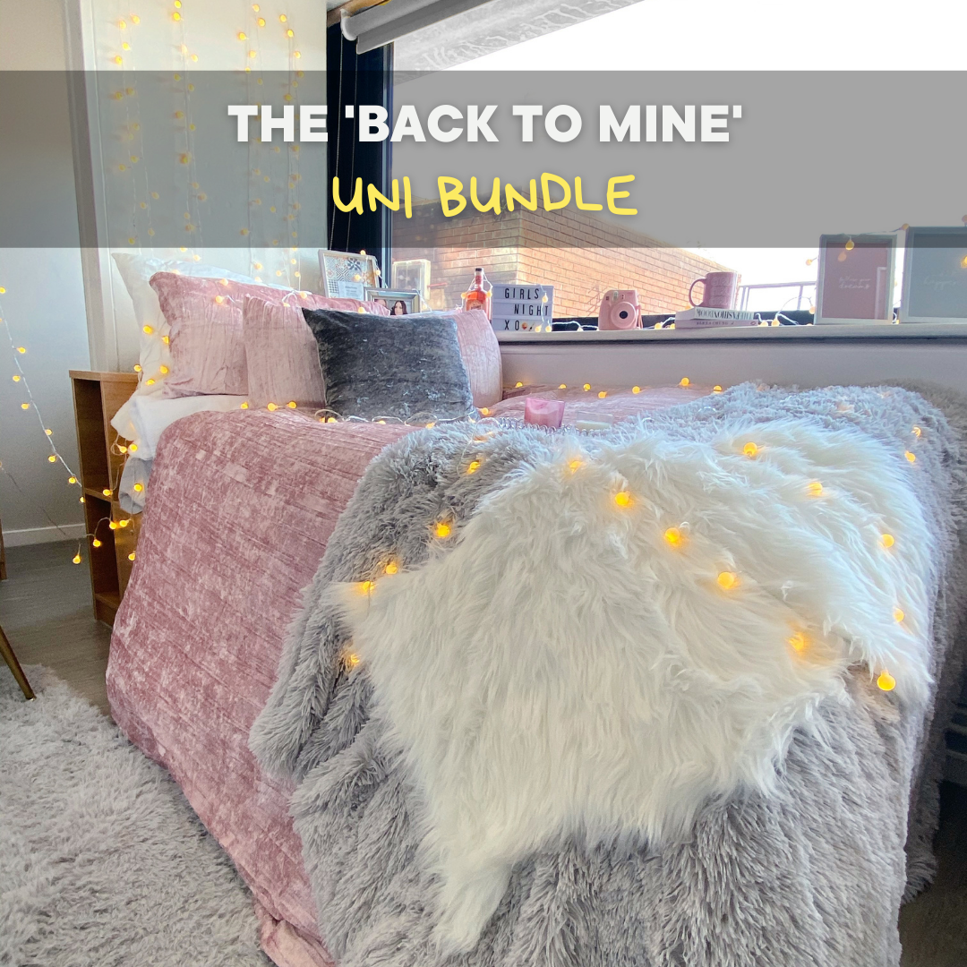 The 'Back to Mine' uni bundle which includes our Sienna Valencia Crushed Velvet Duvet Set