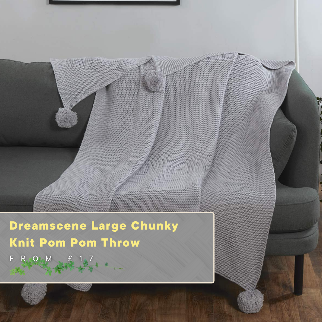Dreamscene Large Chunky Knit Pom Pom Throw