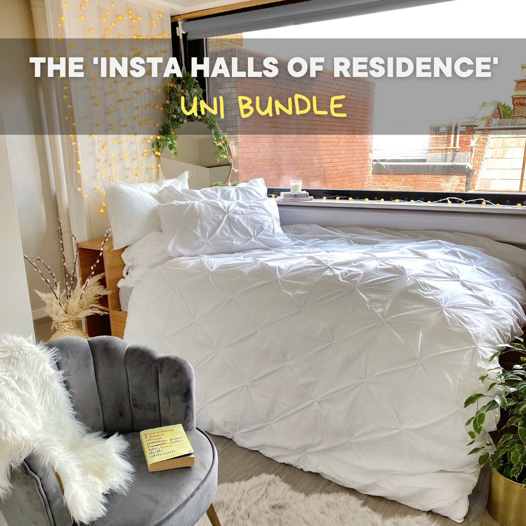 The 'Insta Halls of Residence' uni bundle which includes our Highams Diamond Pintuck duvet cover set