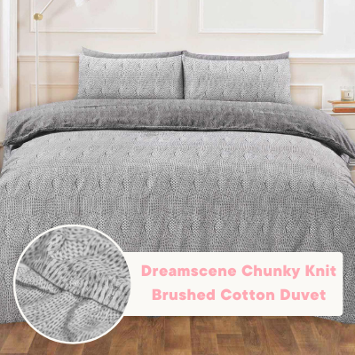 Dreamscene Chunky Knit Brushed Cotton Duvet Set in Grey
